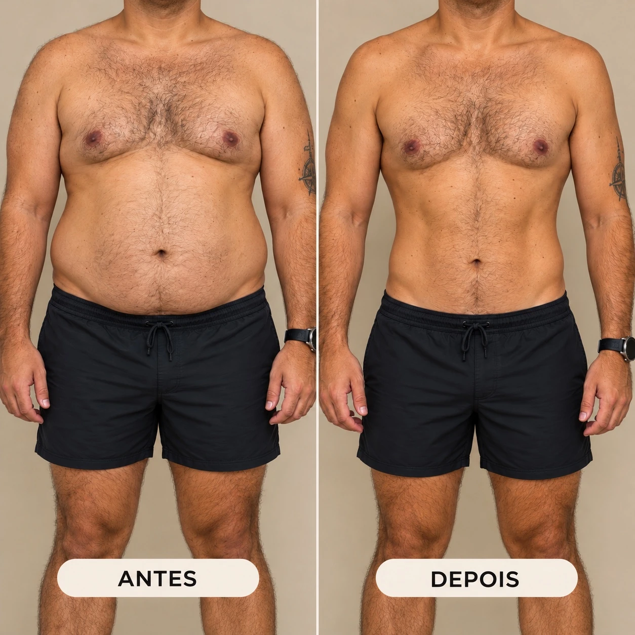 Comparação visual ilustrativa — Emagrecimento com bioimpedância