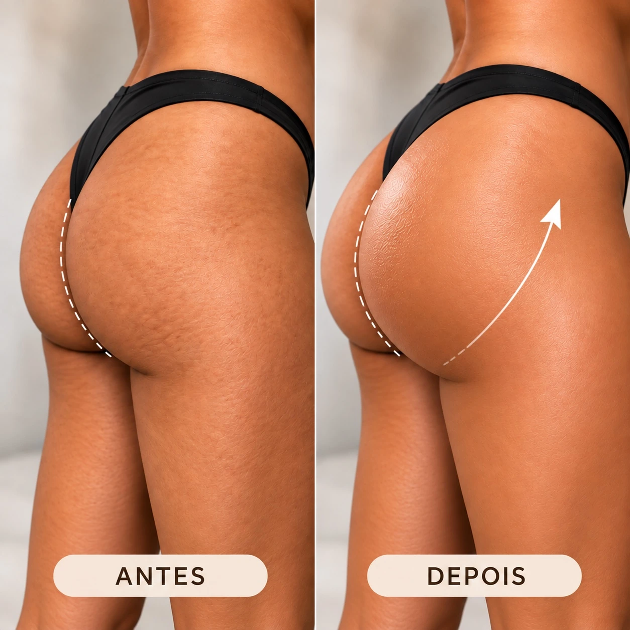Comparação visual ilustrativa — Harmonização e preenchimento de glúteos sem corte e sem prótese